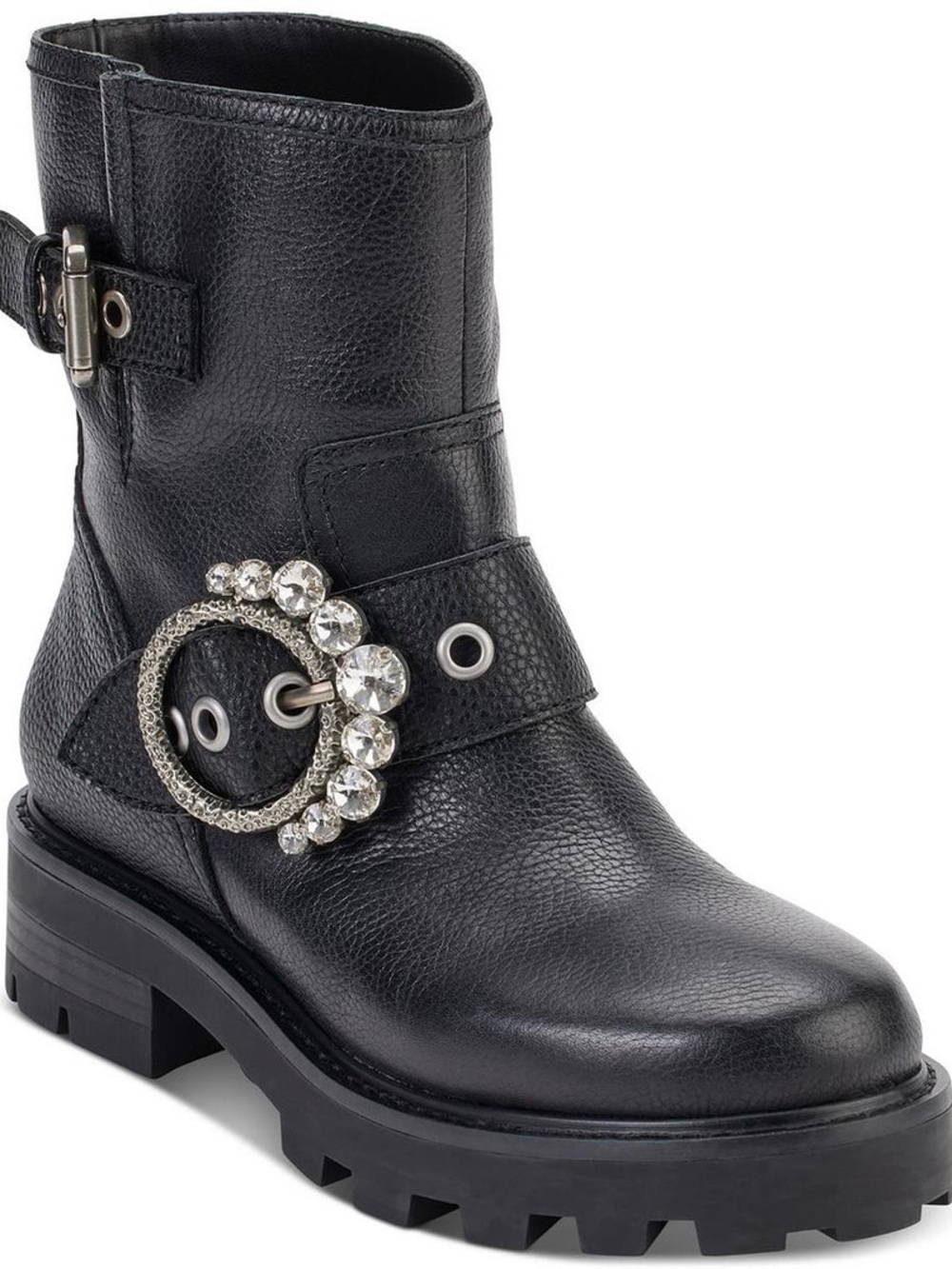 Karl Lagerfeld Black Leather Crystal Buckle Combat Boot women’s 8.5 NWOB